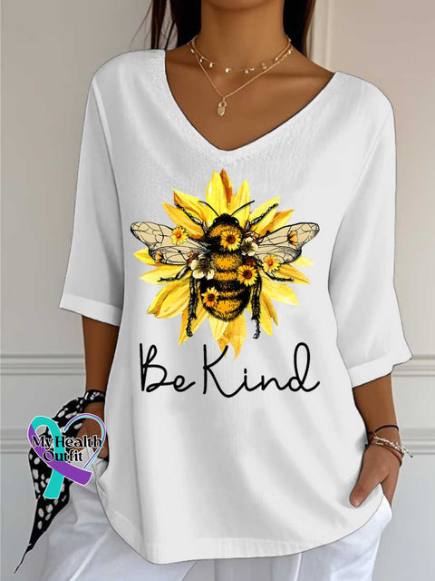 Women’s Be Kind Flower Bee Print Casual Cotton V-neck Shirt White / S