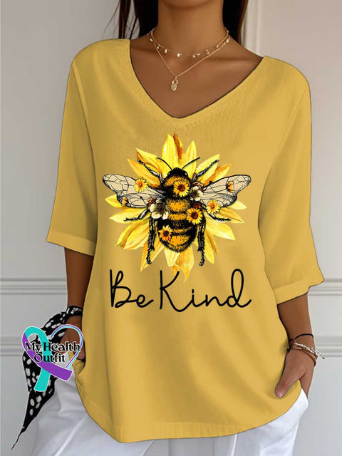 Women’s Be Kind Flower Bee Print Casual Cotton V-neck Shirt Yellow / S