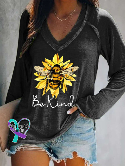 Women’s Be Kind Flower Bee Print Casual V Neck Long Sleeve Tops Black / S