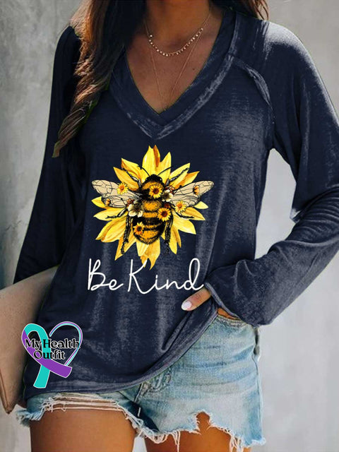 Women’s Be Kind Flower Bee Print Casual V Neck Long Sleeve Tops Blue / S