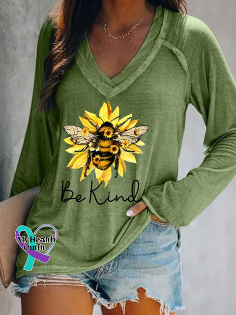 Women’s Be Kind Flower Bee Print Casual V Neck Long Sleeve Tops Green / S