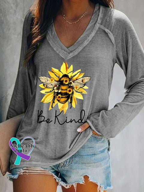 Women’s Be Kind Flower Bee Print Casual V Neck Long Sleeve Tops Grey / S