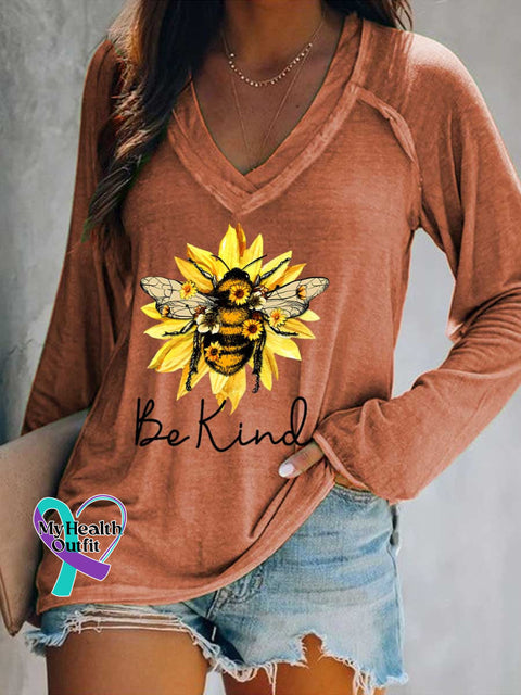 Women’s Be Kind Flower Bee Print Casual V Neck Long Sleeve Tops Orange / S