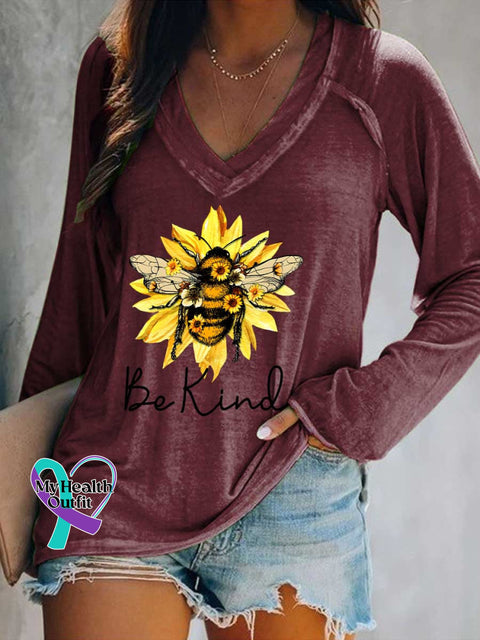 Women’s Be Kind Flower Bee Print Casual V Neck Long Sleeve Tops Red / S