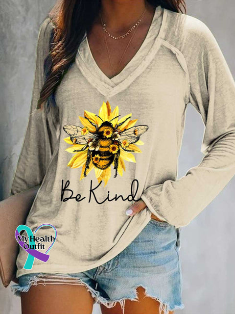 Women’s Be Kind Flower Bee Print Casual V Neck Long Sleeve Tops Sand / S