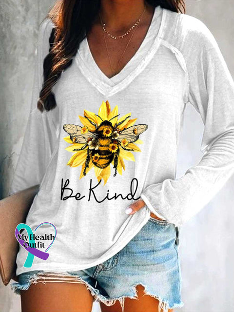 Women’s Be Kind Flower Bee Print Casual V Neck Long Sleeve Tops White / S