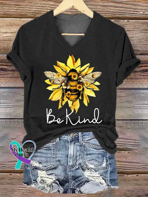 Women’s Be Kind Flower Bee V-neck Casual T-Shirt Black / S