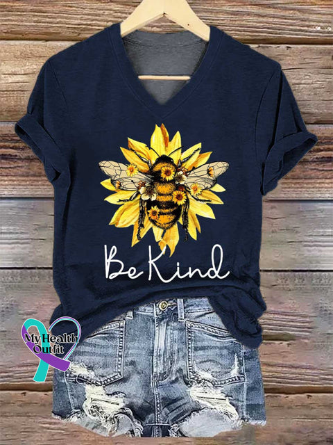 Women’s Be Kind Flower Bee V-neck Casual T-Shirt Blue / S