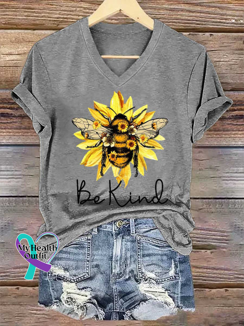 Women’s Be Kind Flower Bee V-neck Casual T-Shirt Grey / S