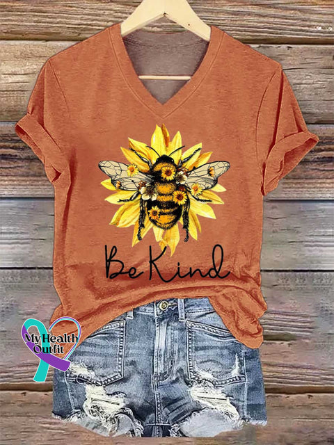 Women’s Be Kind Flower Bee V-neck Casual T-Shirt Orange / S