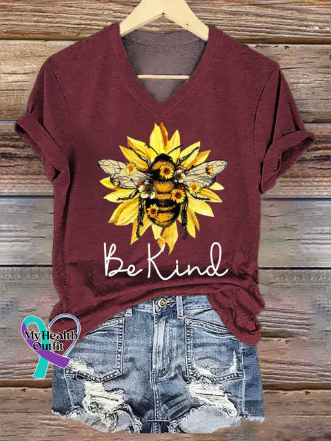Women’s Be Kind Flower Bee V-neck Casual T-Shirt Red / S