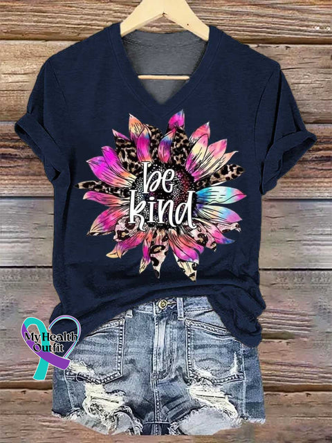 Women’s Be Kind Flower V-neck Casual T-Shirt Blue / S