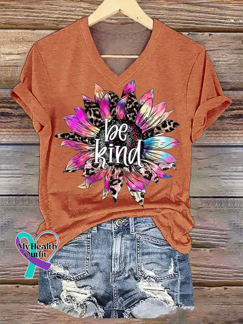 Women’s Be Kind Flower V-neck Casual T-Shirt Orange / S