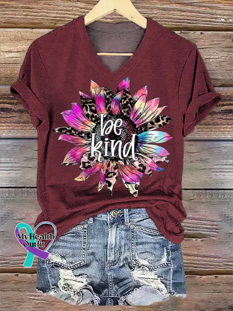 Women’s Be Kind Flower V-neck Casual T-Shirt Red / S