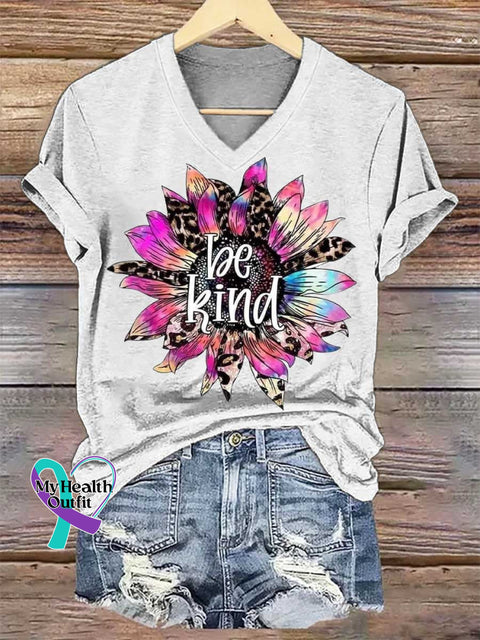 Women’s Be Kind Flower V-neck Casual T-Shirt White / S