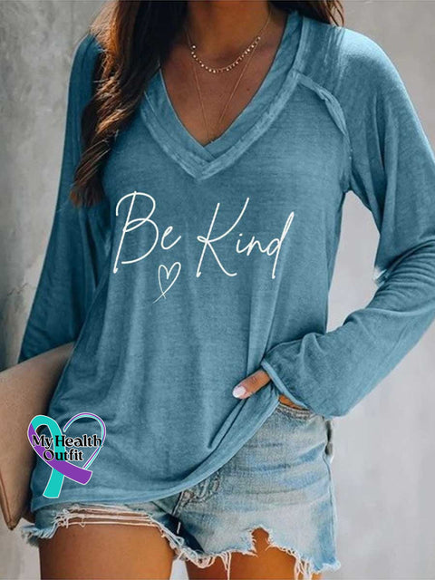 Women’s Be Kind Mental Health Awareness V Neck Long Sleeve Tops Blue / S