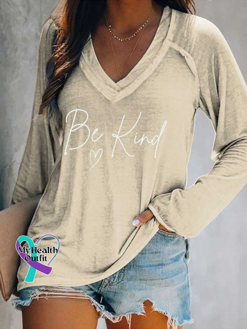 Women’s Be Kind Mental Health Awareness V Neck Long Sleeve Tops Sand / S