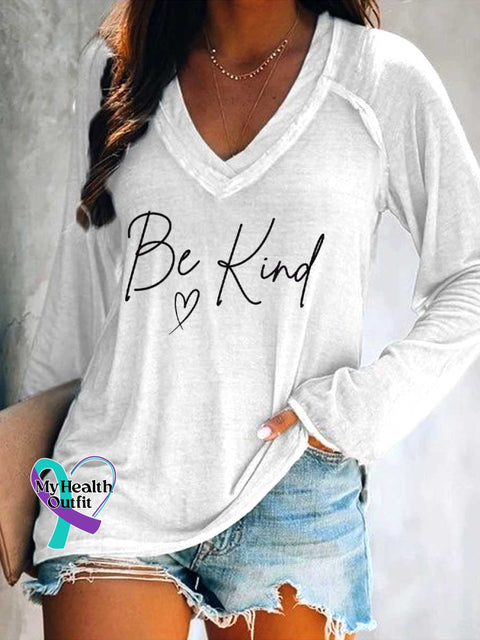 Women’s Be Kind Mental Health Awareness V Neck Long Sleeve Tops White / S