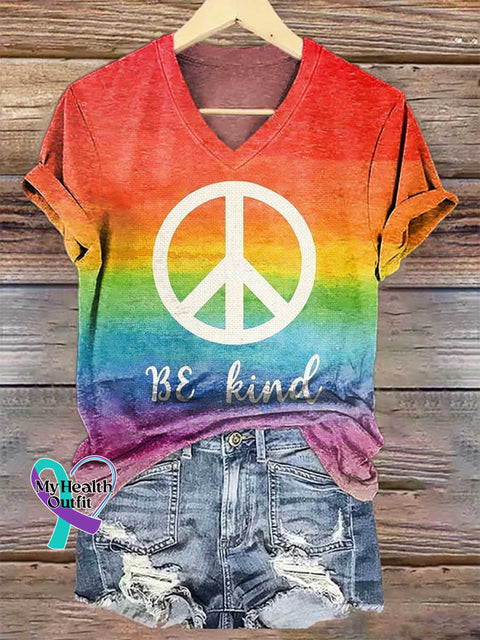 Women’s Be Kind Peace Sign Rainbow V-neck Casual T-Shirt Multicolor / S