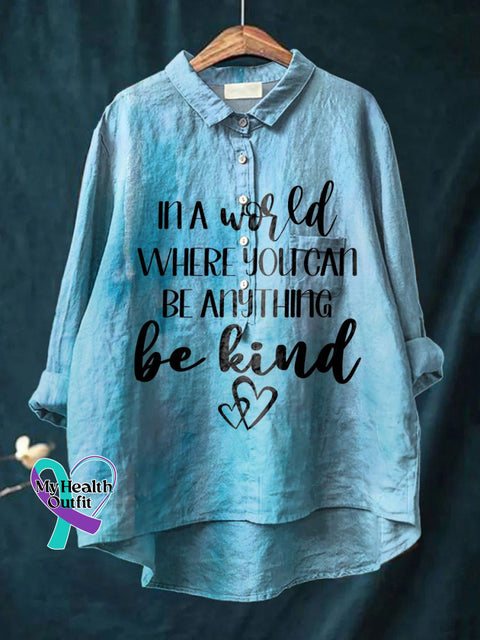 Women’s Be Kind Print Casual Cotton And Linen Shirt Blue / S