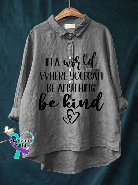 Women’s Be Kind Print Casual Cotton And Linen Shirt Grey / S