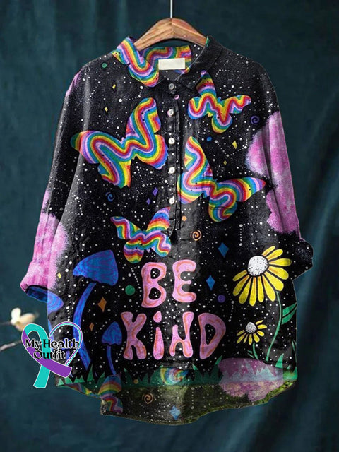 Women’s Be Kind Print Casual Cotton And Linen Shirt Multicolor / S