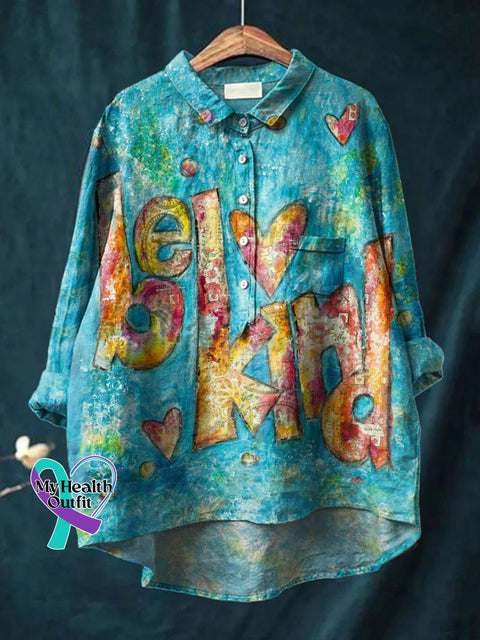 Women’s Be Kind Print Casual Cotton And Linen Shirt Multicolor / S
