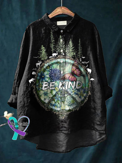 Women’s Be Kind Print Casual Cotton And Linen Shirt Multicolor / S