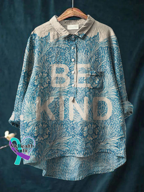 Women’s Be Kind Print Casual Cotton And Linen Shirt Multicolor / S