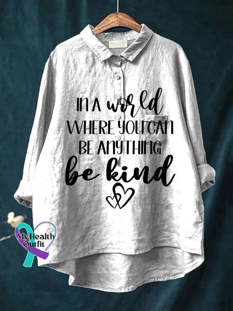 Women’s Be Kind Print Casual Cotton And Linen Shirt White / S