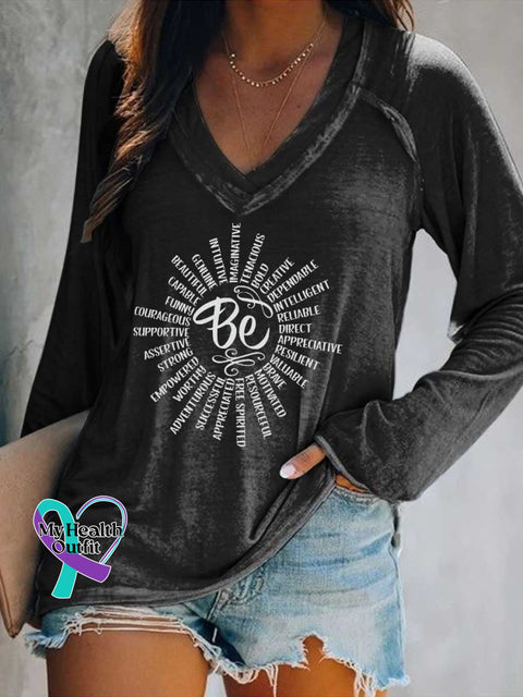 Women’s Be Kind Print Casual V Neck Long Sleeve Tops Black / S
