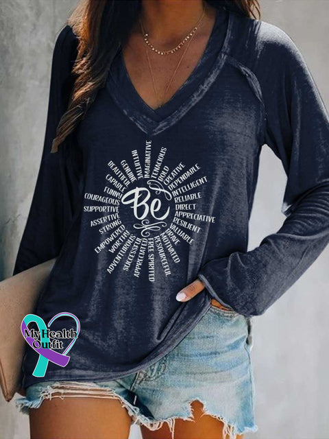 Women’s Be Kind Print Casual V Neck Long Sleeve Tops Blue / S