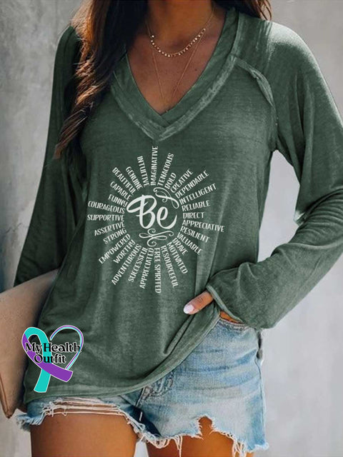 Women’s Be Kind Print Casual V Neck Long Sleeve Tops Green / S