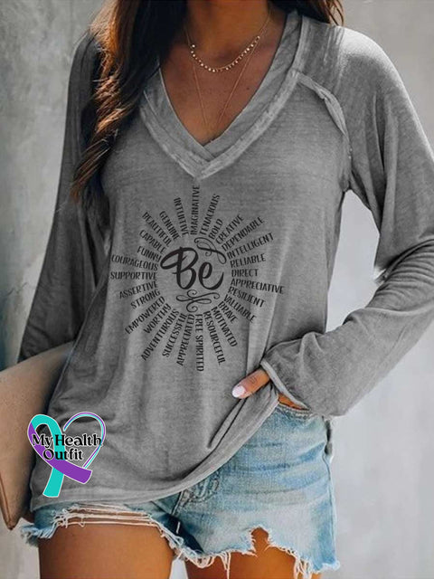Women’s Be Kind Print Casual V Neck Long Sleeve Tops Grey / S