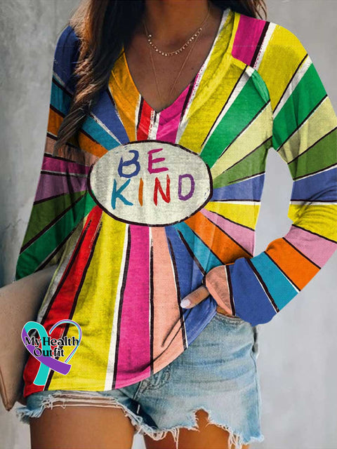 Women’s Be Kind Print Casual V Neck Long Sleeve Tops Multicolor / S