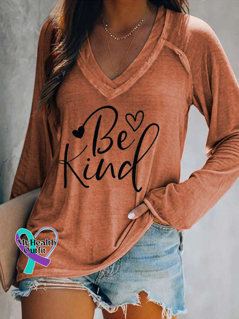 Women’s Be Kind Print Casual V Neck Long Sleeve Tops Orange / S