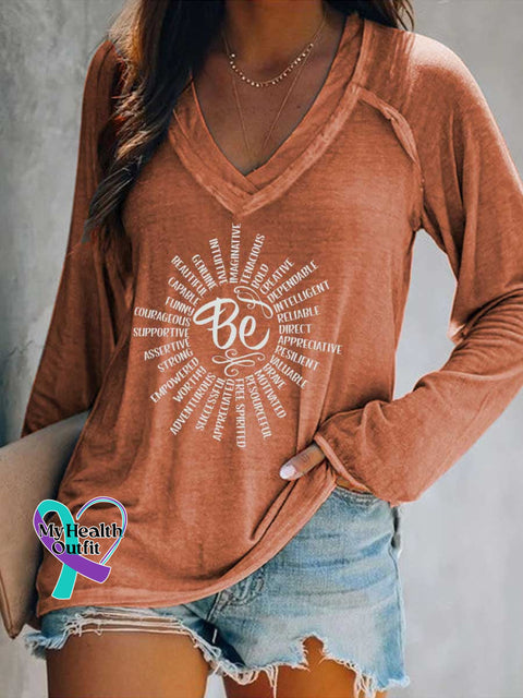 Women’s Be Kind Print Casual V Neck Long Sleeve Tops Orange / S