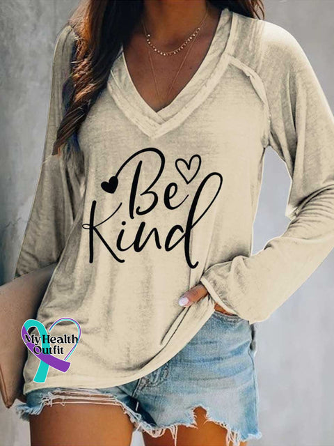 Women’s Be Kind Print Casual V Neck Long Sleeve Tops Sand / S