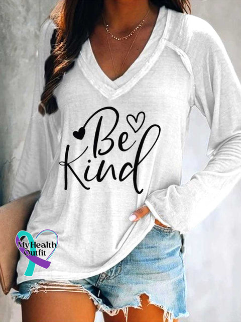 Women’s Be Kind Print Casual V Neck Long Sleeve Tops White / S