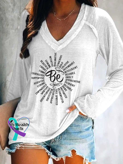 Women’s Be Kind Print Casual V Neck Long Sleeve Tops White / S