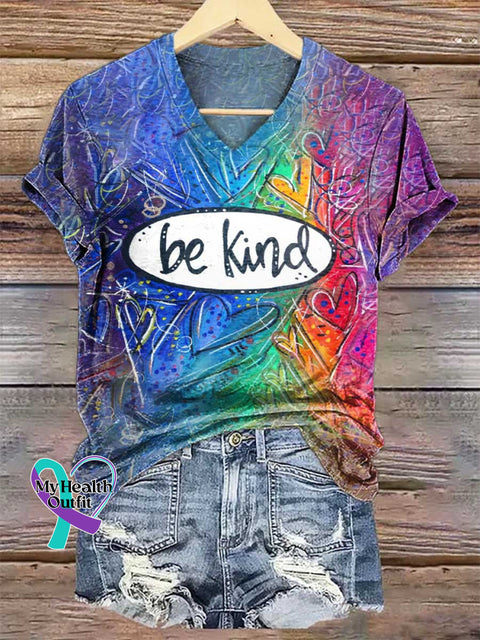 Women’s Be Kind Rainbow Heart V-neck Casual T-Shirt Multicolor / S