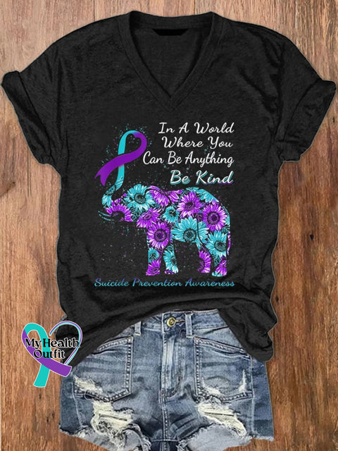 Women’s Be Kind Suicide Prevention Awareness Elephant Print T-Shirt Black / S