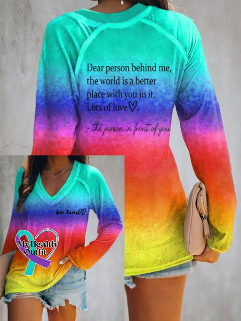 Women’s Be Kind The World Is A Better Place With You In It Print V-Neck Casual T-Shirt Picture 1 / S
