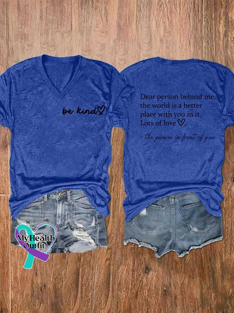 Women’s Be Kind The World Is A Better Place With You In It Print V-Neck Short Sleeve T-Shirt Blue