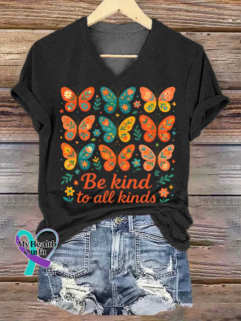 Women’s Be Kind To All Kinds Butterfly V-neck Casual T-Shirt Black / S