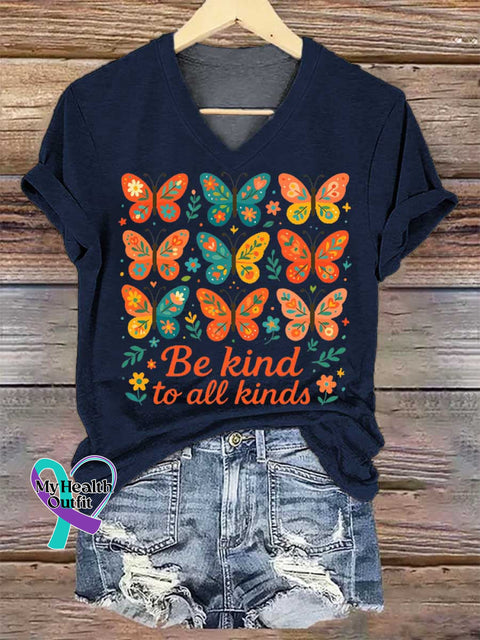 Women’s Be Kind To All Kinds Butterfly V-neck Casual T-Shirt Blue / S