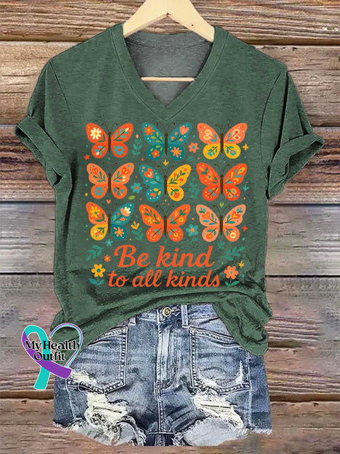 Women’s Be Kind To All Kinds Butterfly V-neck Casual T-Shirt Green / S