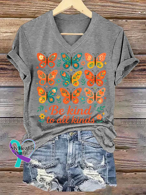 Women’s Be Kind To All Kinds Butterfly V-neck Casual T-Shirt Grey / S
