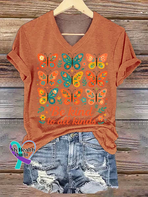 Women’s Be Kind To All Kinds Butterfly V-neck Casual T-Shirt Orange / S