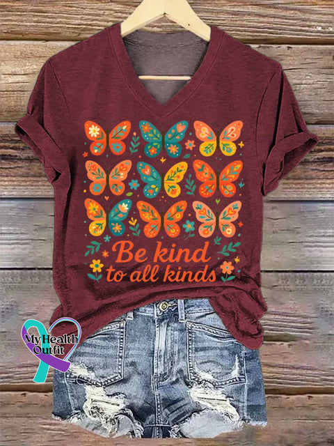 Women’s Be Kind To All Kinds Butterfly V-neck Casual T-Shirt Red / S